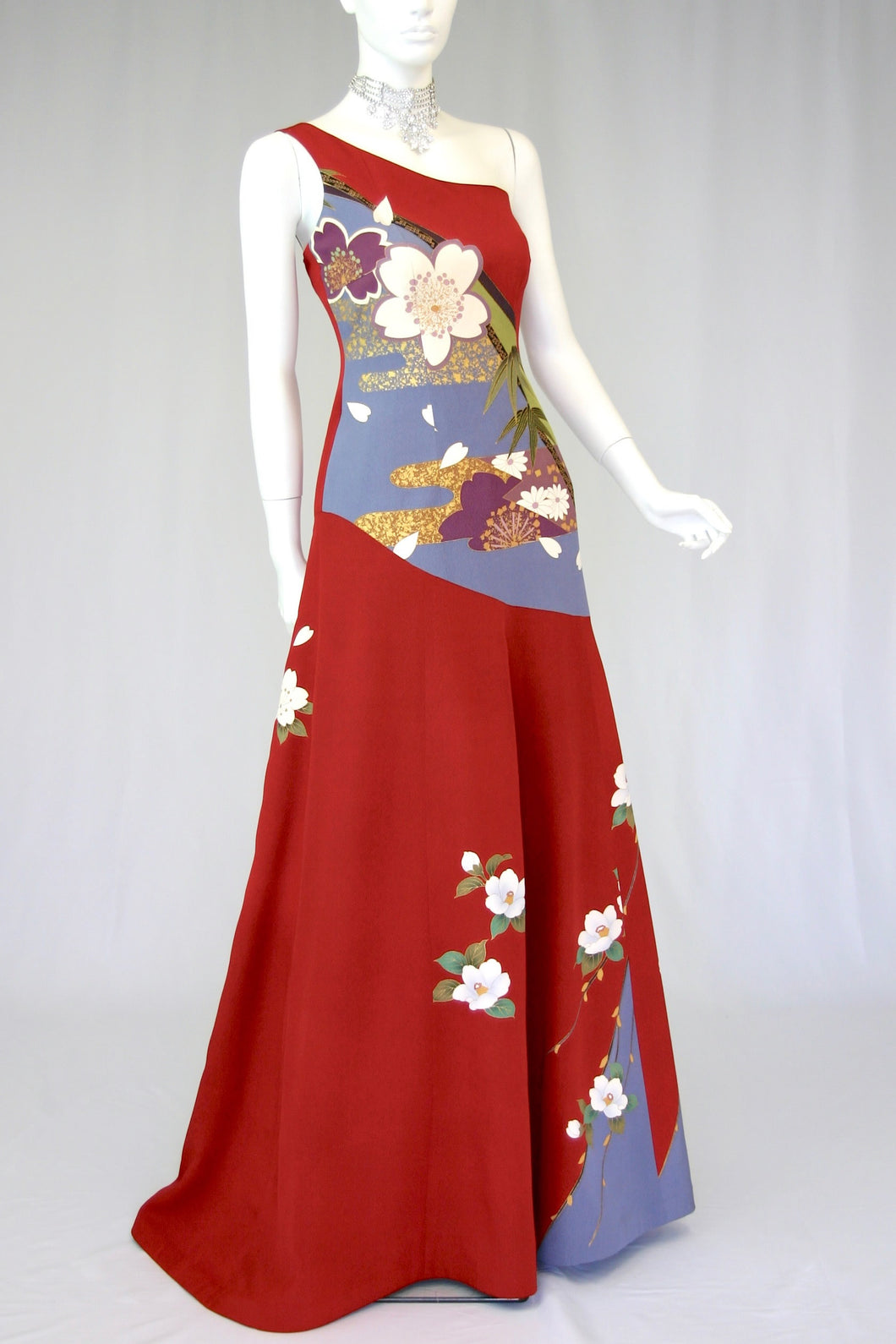 一点物の着物ドレス　赤字裾グレー大桜　No.15-02188